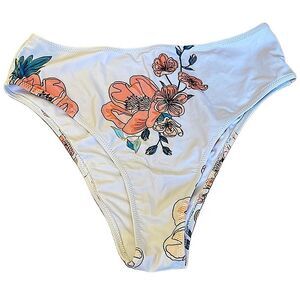 High waisted French cut bikini bottom . Lined white w/ peach & turq floral XL